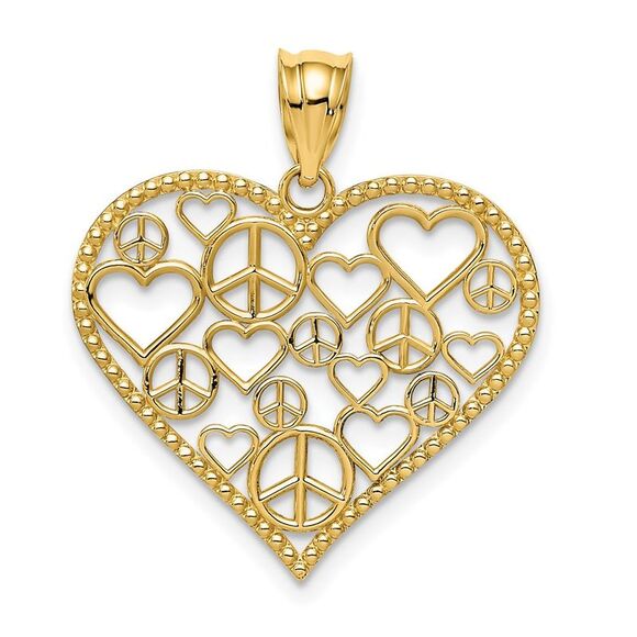 14k Yellow Gold Polished Hearts & Peace Signs in Heart Pendant